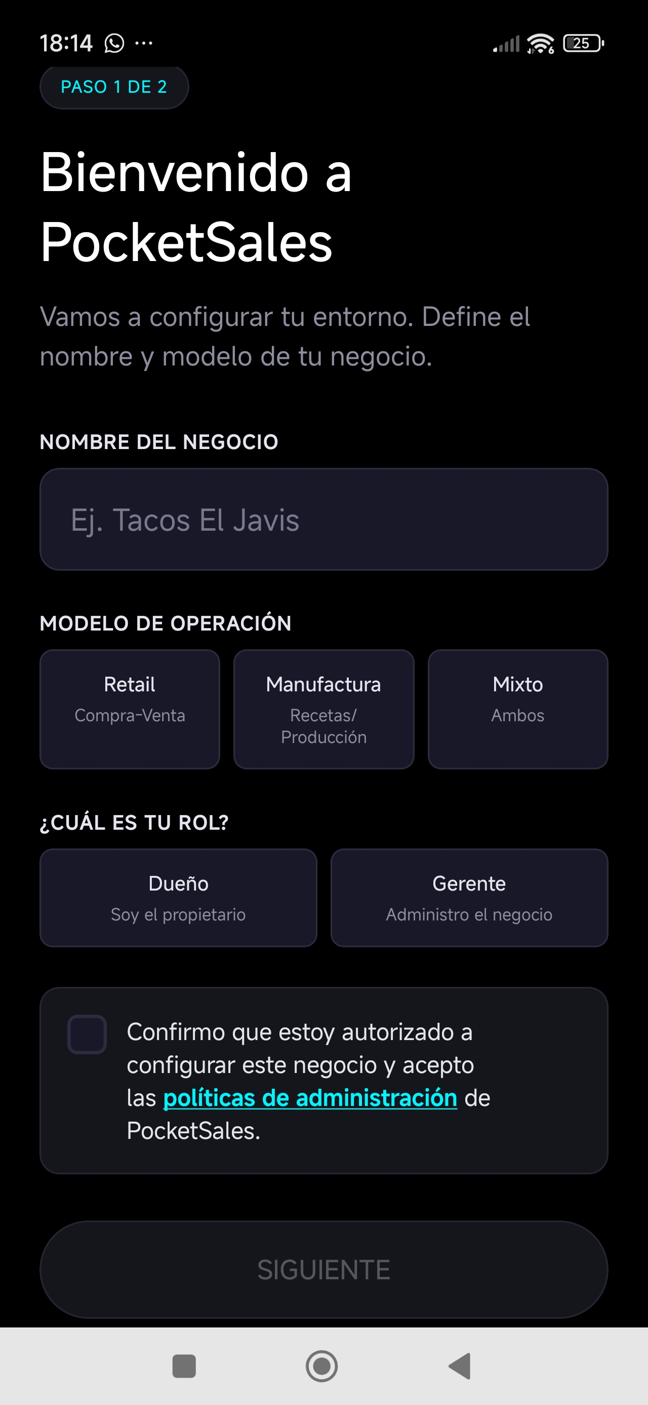 selección de modo Directo vs Recetas