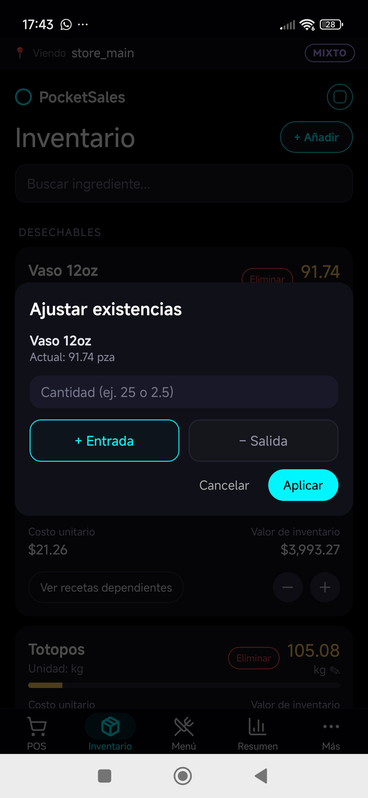 modal 'Ajustar existencias'
