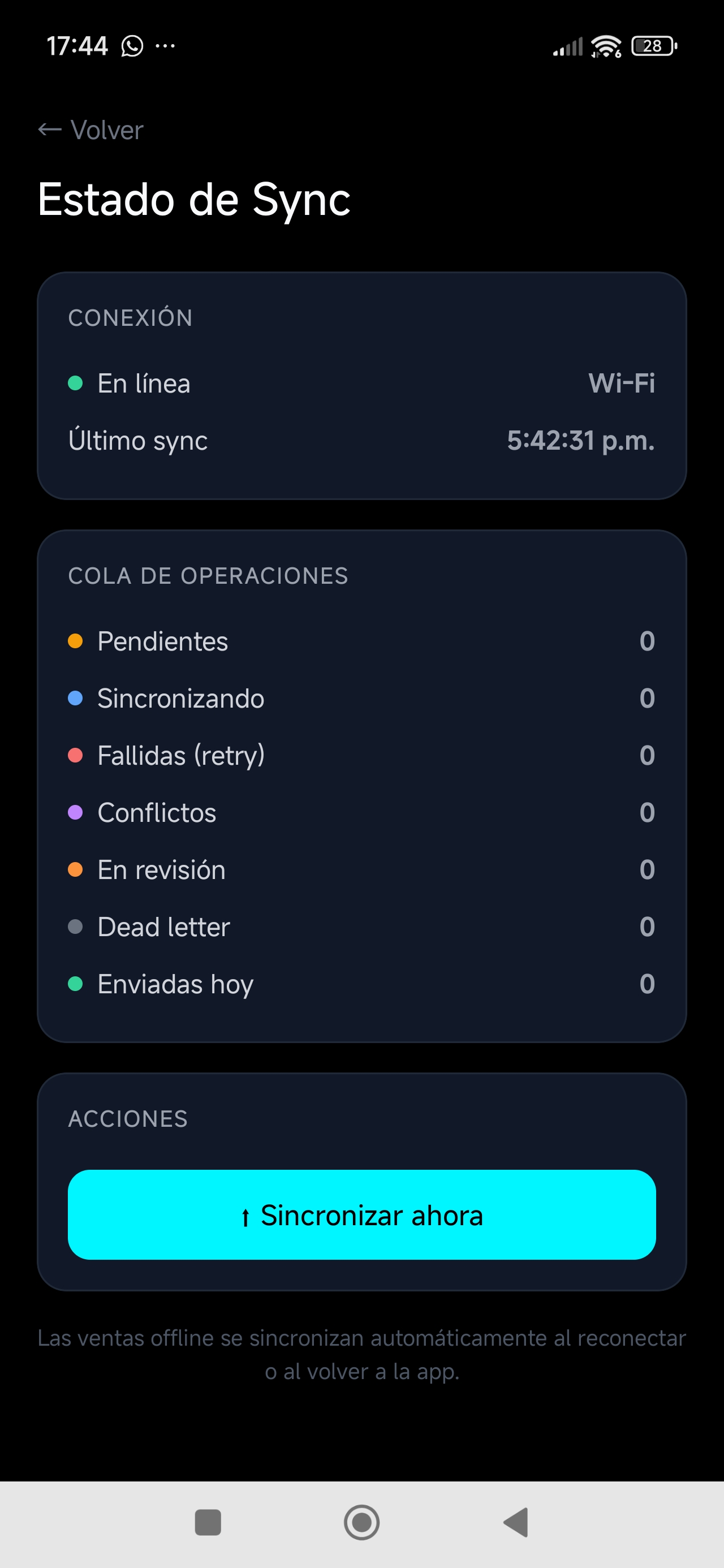 Estado de Sync con pendientes y 'En revisión'